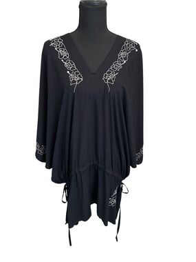 Batik World St. Kitts 100% Linen Embroidered Tunic Dress/Cover-Up | Black O/S